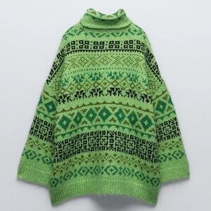 Zara Green Jacquard Fair Isle oversized Sweater